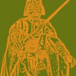 Stylized orange outline of Darth Vader holding a lightsaber, set against a green background, with subtle A.P. ASTRA - Cross influences in the design.
