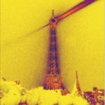 A digitally altered, yellow-toned image of the Eiffel Tower with sunflower shapes in the foreground and a dramatic, abstract sky above. The surreal scene evokes the painterly vision of A.P. ASTRA - Cross.