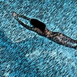 Artistic image of a swimmer diving into blue water, arms extended forward and body streamlined, in the dynamic style of A.P. ASTRA - Cross, with textured, sketch-like lines suggesting movement and splashes.