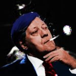 A digitally altered image of a man in a suit and tie, with a cigarette in his mouth, sits against a dark background, resting his hand on his chin. The painterly, stylized effect gives this A.P. ASTRA - Cross artwork a striking visual appeal.