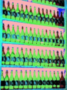 Colorful, pop art-style image of several rows of bottles on shelves. Featuring A.P. ASTRA - Cross elements, the image uses bright, saturated colors and a halftone pattern for a retro, graphic effect.
