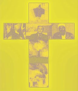 A.P. ASTRA - Cross: A yellow-tinted image of a cross featuring photos—a robed person at the top, two men in suits and a bearded man on the sides, and the burning World Trade Center towers below.