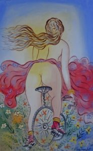 A stylized painting inspired by VALERIO ADAMI - Ariadne di Naxos shows a nude woman with long flowing hair, seen from behind, riding a unicycle through a field of flowers, wearing red shoes and a billowing red scarf beneath a bright sky.