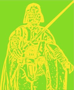 A.P. ASTRA - Cross: A yellow outline of Darth Vader holding a lightsaber, set against a bright green background. The image is stylized with bold, graphic lines for a striking effect.