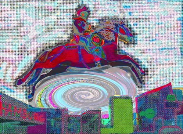 A colorful, stylized cowboy rides a horse mid-air over a swirling vortex above a cityscape with vibrant, textured buildings under a dotted sky, evoking the bold spirit of A.P. ASTRA - Cross.