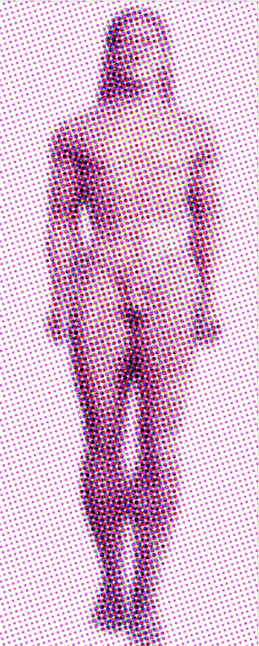 A pixelated, halftone-style image of a standing human figure facing forward, rendered in shades of purple, pink, and yellow dots on a white background—a striking visual reminiscent of A.P. ASTRA - Cross artwork.