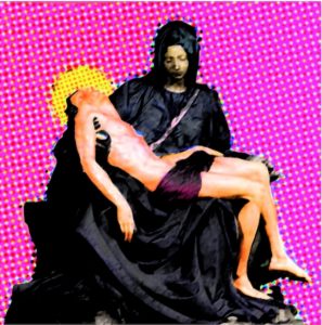 Digital artwork of Michelangelo's Pietà, featuring the Virgin Mary holding Jesus’ body. A.P. ASTRA - Cross motifs are subtly integrated, with altered colors and a halftone pink background; Jesus’ halo is shown as a yellow dot pattern.