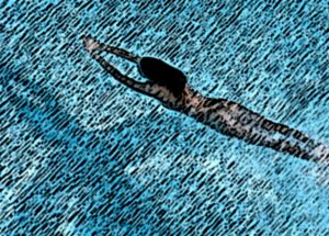 Artistic image of a swimmer diving into blue water, arms extended forward and body streamlined, in the dynamic style of A.P. ASTRA - Cross, with textured, sketch-like lines suggesting movement and splashes.