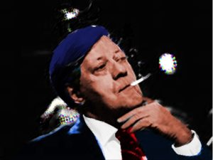 A digitally altered image of a man in a suit and tie, with a cigarette in his mouth, sits against a dark background, resting his hand on his chin. The painterly, stylized effect gives this A.P. ASTRA - Cross artwork a striking visual appeal.