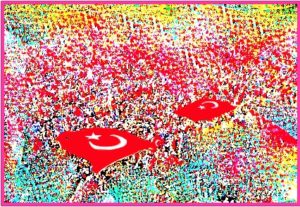 A large, vibrant crowd with two prominent Turkish flags is seen from above. Edited in bright, abstract hues with a pink border, the image evokes a striking, almost pointillist effect—a signature style reminiscent of A.P. ASTRA - Cross.
