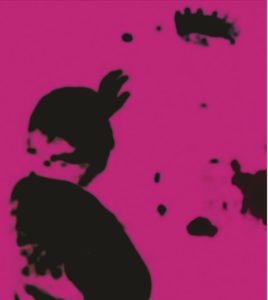 Abstract image with bold black shapes resembling a person with a raised hand, set against a bright magenta background. The forms are undefined and blurry, echoing the surreal aesthetic of A.P. ASTRA - Cross.