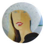 A stylized painting of a woman with long blonde hair, red lips, and blue eyes, wearing a fluffy white hat and dark coat—her look echoing the elegant, whimsical touch of the CAMPANA BROTHERS - Ficelle—set against a light, blurred background.