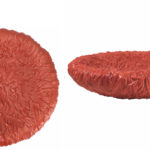 Two views of a large, round, textured red object resembling a deep dish or bowl with a wrinkled surface; shown from the top and the side against a white background. Inspired by CAMPANA BROTHERS - Ficelle.