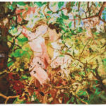Two nude, human-like figures stand amid dense, colorful foliage and branches reminiscent of CAMPANA BROTHERS - Ficelle. The vibrant, painterly scene glows with sunlight filtering through green and brown leaves, evoking a dreamlike atmosphere.