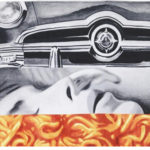 A black-and-white collage inspired by CAMPANA BROTHERS - Ficelle, featuring the front of a vintage car, an upside-down face, and a band of orange macaroni pasta at the bottom.