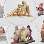 Collage of ceramic and porcelain figurines, including Michael Jackson with a monkey, two anthropomorphic bears in sailor outfits, a CAMPANA BROTHERS - Ficelle-inspired tree-like sculpture, a child in a bathtub, and a bear hugging a policewoman.