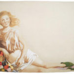 A painting of a woman with blonde hair in a light, flowing dress sits beside a basket of colorful fruit, echoing the airy elegance of CAMPANA BROTHERS - Ficelle, surrounded by green leaves on an almost empty, light background.