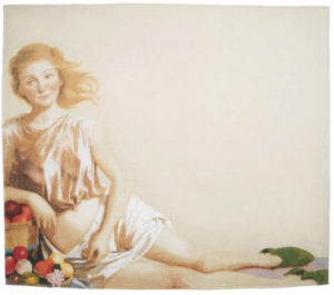 A painting of a woman with blonde hair in a light, flowing dress sits beside a basket of colorful fruit, echoing the airy elegance of CAMPANA BROTHERS - Ficelle, surrounded by green leaves on an almost empty, light background.