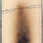 Abstract artwork inspired by JANNIS KOUNELLIS - Untitled Sculpture/Object, featuring a vertical dark, smoky shape centered on a beige background, intersected by thin, wavy lines near the top and framed with a simple border.