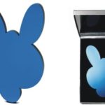 A blue mirror shaped like a rabbit’s head is shown alone and also inside an open compact case with a reflective interior, reminiscent of JEFF KOONS - Mirror Box (Kangaroo).