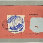 A mixed-media artwork inspired by Martin Kippenberger - Wie kann ich Geld sparen, featuring a salmon-red background with German text, layered papers—one with a blue abstract swirl and another pale blue piece with a red mark—on a gray border.