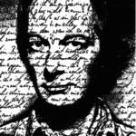 Black and white illustration of a person’s face overlaid with handwritten text, blending facial features and clothing with the script in a textured, artistic effect inspired by Heinz-Günter Mebusch.