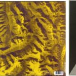 Three square album covers are shown side by side, each with a large triangle in the center. The left has colorful abstract patterns reminiscent of TAUBA AUERBACH - The Alps, the middle is yellow and brown, and the right is black with a white dotted triangle.